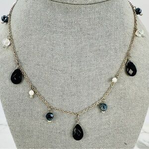 Cookie Lee Black Bead & Freshwater Pearl Necklace Dainty Dangle Black Silver